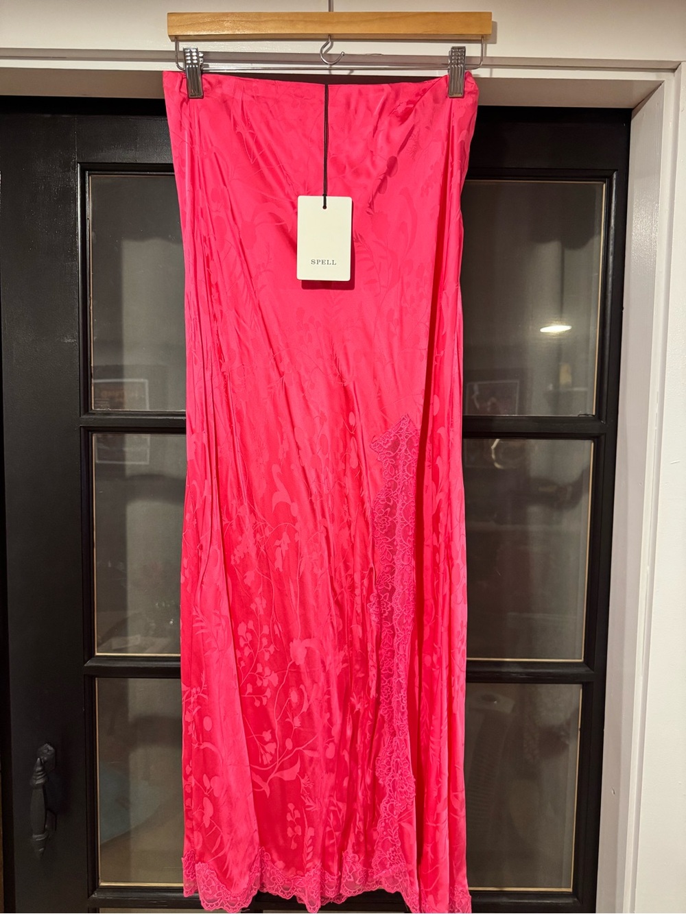 Spell Fuchsia Satin Bias Skirt with Floral Jacquard